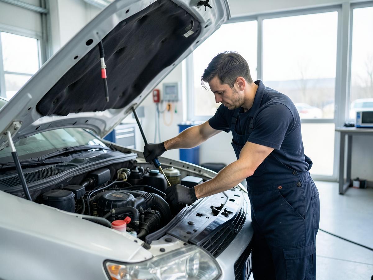 Mechanic servicing a car engine at Mac's Autos